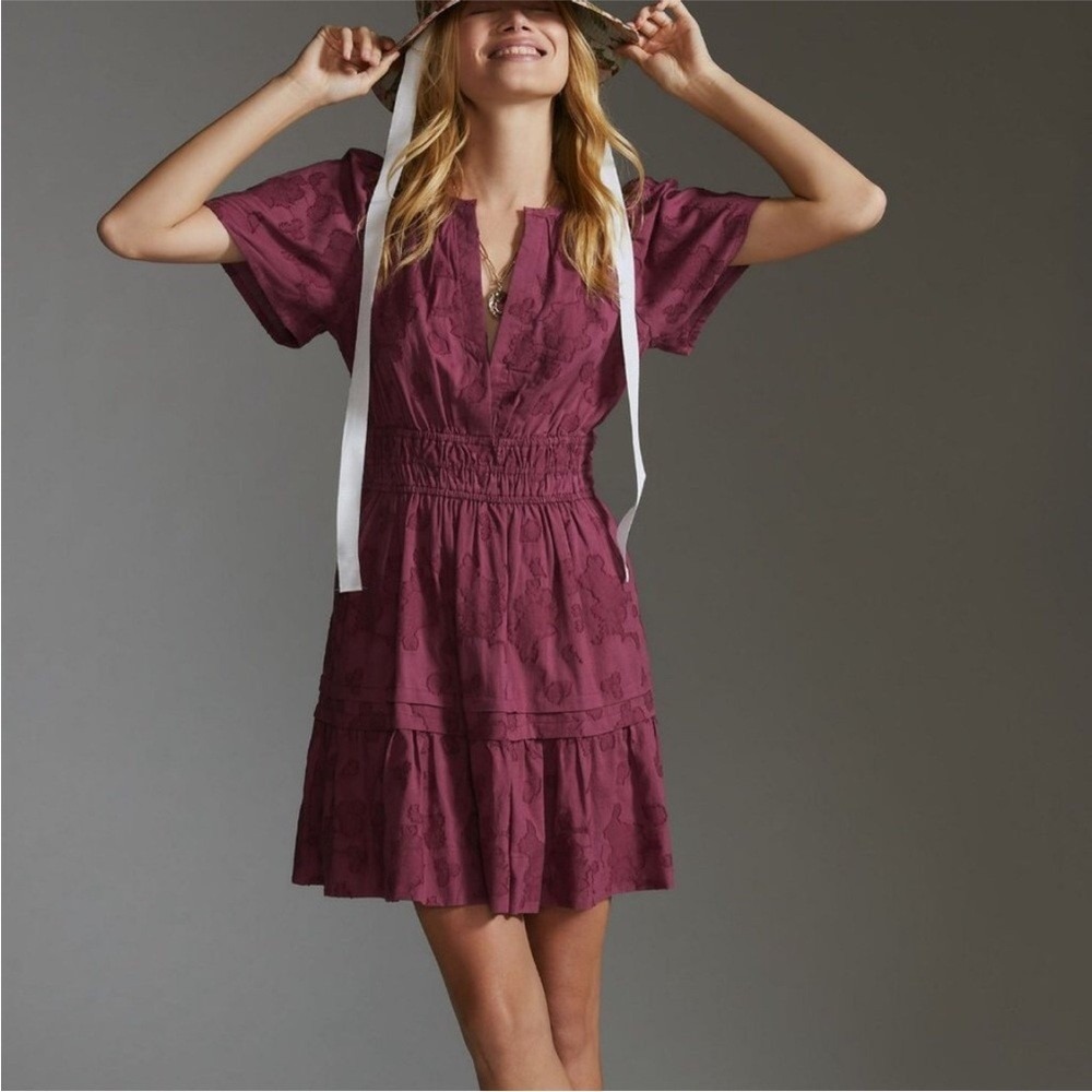 Anthropologie Somerset Textured Mini Dress Size M Plum Smocked Tiered Pocketsed